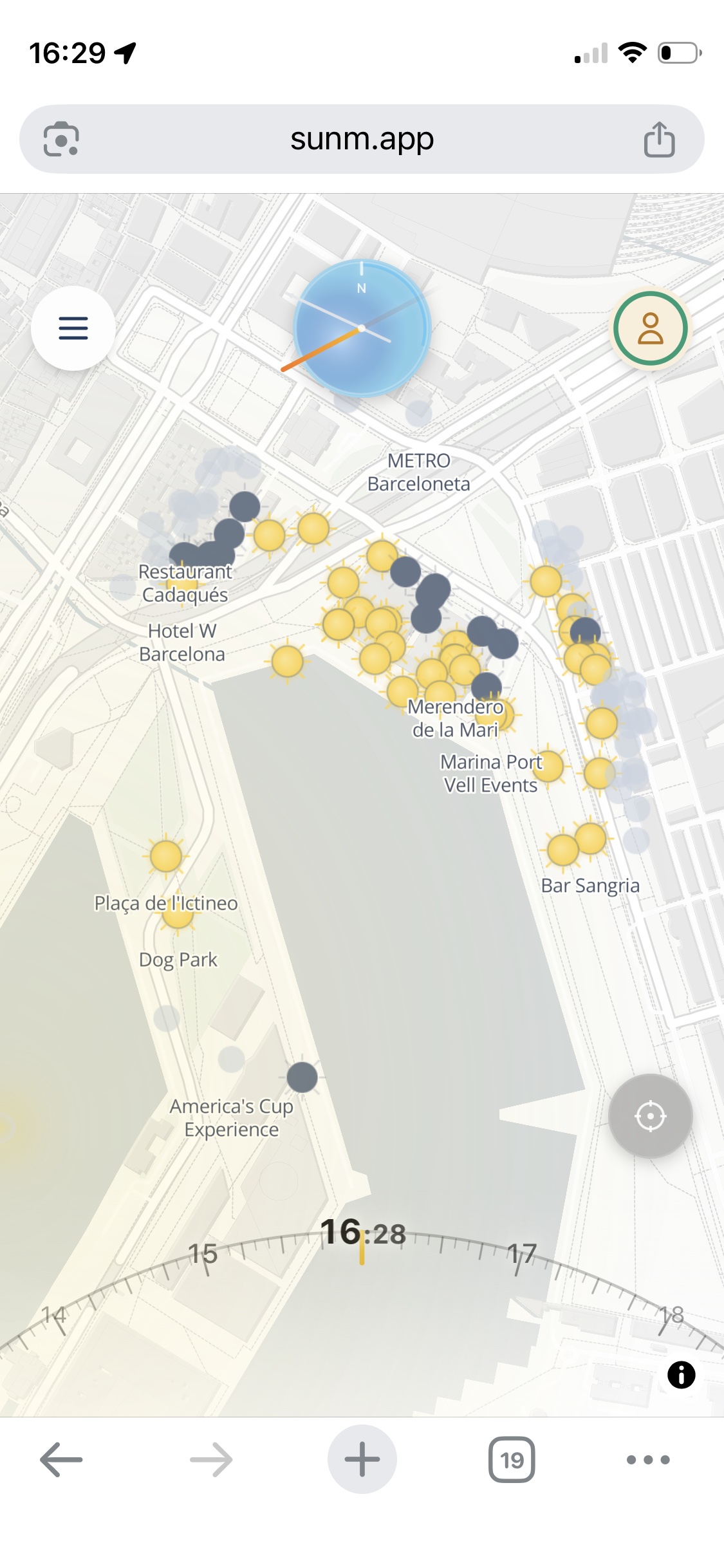 Sunm map showing sun and shade venue markers in Barcelona
