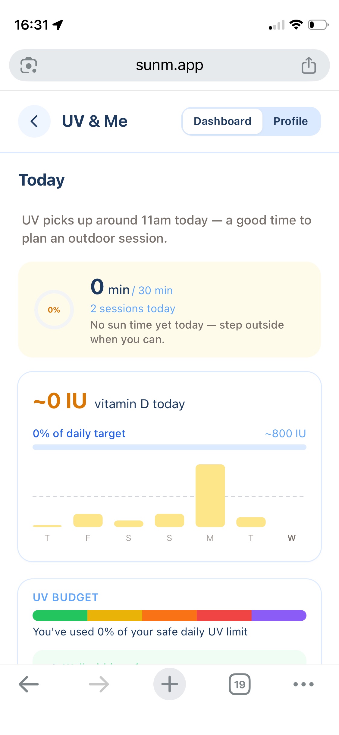 Sunm UV & Me dashboard